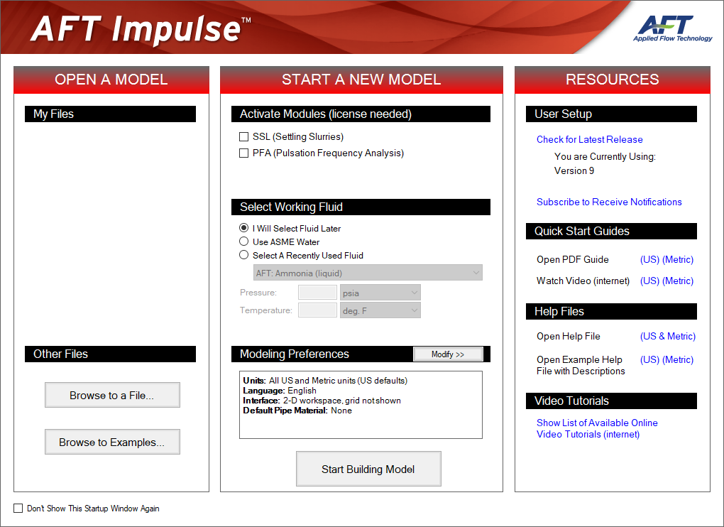 The Startup Window in AFT Impulse.